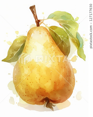 This artwork features a ripe pear with a smooth yellow skin and subtle speckles. Green leaves accompany the fruit, enhancing its fresh and vibrant appearance, evoking a sense of nature. 127177630