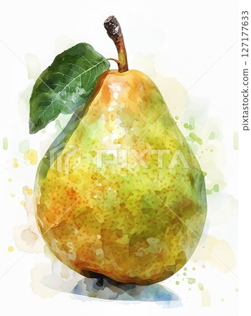 A ripe pear stands prominently, showcasing its bright green and yellow hues. The smooth surface is highlighted with subtle watercolors, and a single green leaf adds freshness to this artistic piece. 127177633