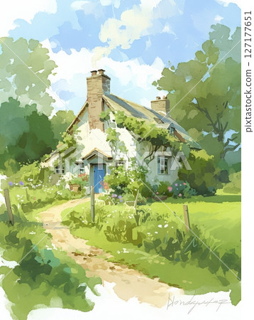 A quaint cottage stands surrounded by a vibrant garden filled with blooming flowers and lush greenery. The path leads to a blue door, inviting visitors into this peaceful countryside haven. 127177651