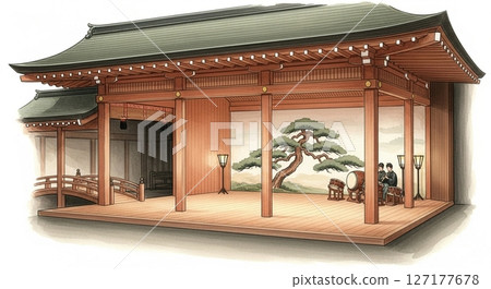 能劇舞台與松樹的水彩畫 能劇舞台與松樹的水彩畫 127177678