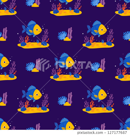 Underwater Seamless Pattern. Cute Sea Fish, Plant algae and coral on seabed on dark Blue Background. Vector Illustration. Kids collection Underwater Seamless Pattern. Cute Sea Fish, Plant algae and coral on seabed on dark Blue Background. Vector Illustration. Kids collection 127177687