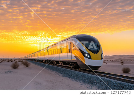 High speed train crossing desert at sunset under vibrant sunset sky. 127177743