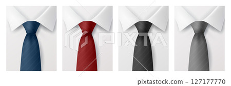 Mens Tie Vector Set With Shirt Collar. Realistic Red, Blue, Black and Gray Necktie Illustration for Business Outfit, Office Style, Formal Fashion, Corporate Clothing, Suit Accessory, Branding Design 127177770