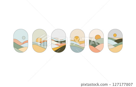 Oval Landscape Collection. Set of oval-shaped minimalist landscapes with stylized hills, sun, and sky in earthy and pastel tones. 127177807