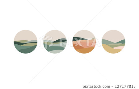 Soft Horizon Circles. Abstract circular landscapes with soft horizons and muted earth tones, ideal for nature-inspired designs and wall art. Soft Horizon Circles. Abstract circular landscapes with soft horizons and muted earth tones, ideal for nature-inspired designs and wall art. 127177813
