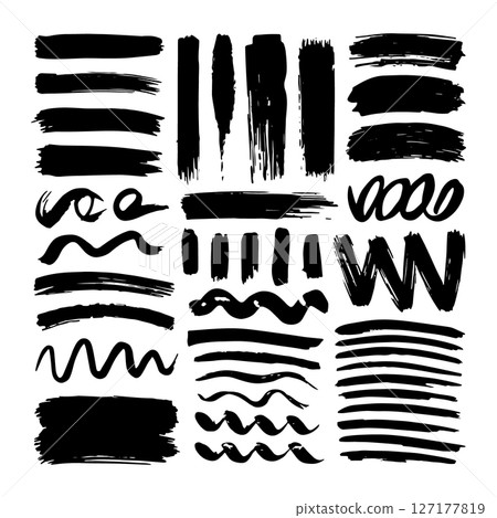 Ink Stroke Set. Dynamic black ink strokes and sketch lines with diverse brush shapes for artistic and decorative use. Ink Stroke Set. Dynamic black ink strokes and sketch lines with diverse brush shapes for artistic and decorative use. 127177819