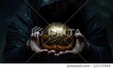 A monk adorned in a black hood holds a glowing golden sphere, channeling its mystical energy in a serene, shadowy environment Generative AI 127177849
