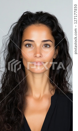 Tan Spanish female with long curly dark hair poses for her passport photo, maintaining a neutral expression with a light background Generative AI 127177850