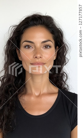 A tan Spanish female with curly hair poses for a passport photo. She has a confident expression and minimal makeup, suitable for documentation Generative AI 127177857
