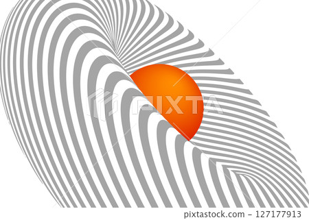 Abstract optical illusion with wavy gray lines and vibrant orange sun on a white background. Futuristic geometric design with surreal depth effect, flowing curves, and modern minimalism. Abstract optical illusion with wavy gray lines and vibrant orange sun on a white background. Futuristic geometric design with surreal depth effect, flowing curves, and modern minimalism. 127177913