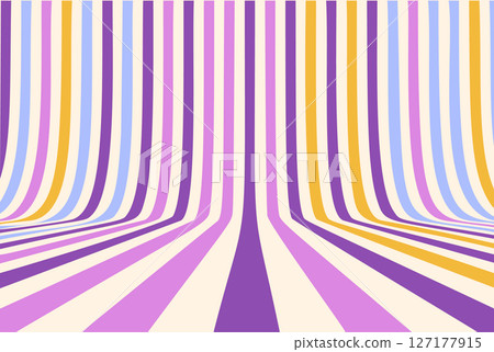 Retro Vintage Line Background 70s Color Pattern. Perspective Stripe Rainbow Abstract 1970s Poster Design. Geometric 60s 80s Vector Path Wallpaper Illustration 127177915