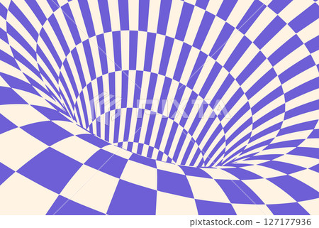 Optical illusion white checker 3d. Chess background time hole vector. Spiral line pattern deep trippy tunnel warp distort vortex, check psychedelic board. 127177936