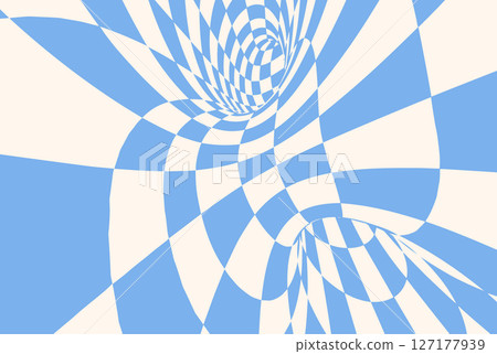 Abstract optical illusion with a blue and cream checkered pattern. Warped geometric design with a dynamic 3D tunnel effect, creating a surreal and hypnotic visual, perfect for modern digital art 127177939