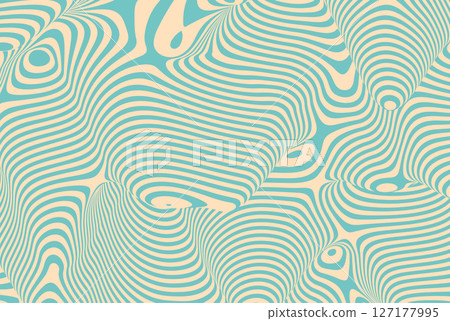 Abstract wavy pattern with teal and beige curved lines creating an optical illusion of depth and movement. Modern digital artwork featuring fluid shapes, dynamic flow, and surreal, hypnotic aesthetic. 127177995