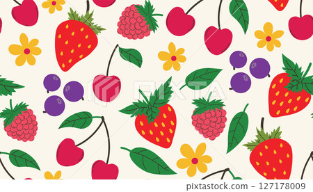 Bright seamless pattern with strawberries, blueberries, raspberries, cherries, flowers, and leaves in flat cartoon style. 127178009