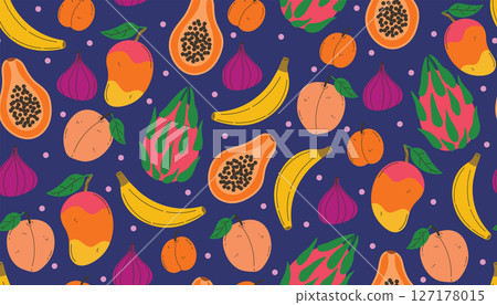 Seamless pattern with cartoon tropical fruits like banana, papaya, dragon fruit, fig, peach, mango, and apricot. Bright juicy design in flat style with messy layout and cheerful summer vibe. Seamless pattern with cartoon tropical fruits like banana, papaya, dragon fruit, fig, peach, mango, and apricot. Bright juicy design in flat style with messy layout and cheerful summer vibe. 127178015