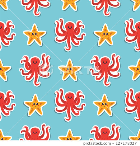 Seamless pattern with kawaii octopus and sea star stickers in cartoon flat style, arranged in polka dot order on blue background. Seamless pattern with kawaii octopus and sea star stickers in cartoon flat style, arranged in polka dot order on blue background. 127178027