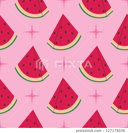 Pink seamless pattern with watermelon slice and star in cartoon flat style, arranged in polka dot order on light pink background. Pink seamless pattern with watermelon slice and star in cartoon flat style, arranged in polka dot order on light pink background. 127178036
