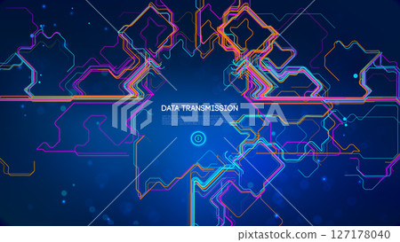 Futuristic data transmission concept with glowing neon circuit lines on dark blue background, digital network, technology flow, abstract communication, and cyber connectivity design 127178040