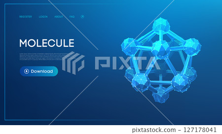 technology background with 3d atom and abstract chemistry design. Wireframe science blends medical and chemical elements for a low blue model. Futuristic polygon structure sparks molecular innovation. 127178041