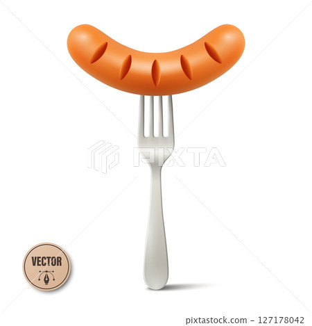 Grilled Sausage on Fork, Vector Illustration. Realistic Cooked Sausage with Grill Cuts for BBQ Menu, Picnic Food, Meat Product Design, Restaurant Icon, Butcher Branding, Culinary Concept, Packaging 127178042