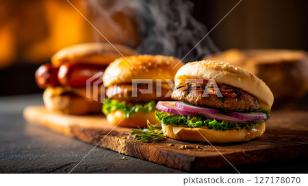 Close-up of a grilled burger with lettuce, onions, and a hotdog on a wooden board 127178070