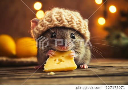 A cute hamster wearing a knitted hat, holding a piece of cheese, with a cozy background and lemons 127178071