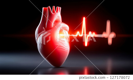 A 3D rendering of a glowing heart with a bright red heartbeat pulse, symbolizing heart health and vital signs monitoring 127178072