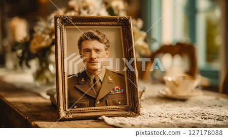 Framed portrait of soldier in vintage uniform standing on lace-covered wooden table classic interior and military atmosphere create nostalgic mood war memory concept Framed portrait of soldier in vintage uniform standing on lace-covered wooden table classic interior and military atmosphere create nostalgic mood war memory concept 127178088