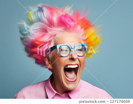 Vibrant Senior Woman with Rainbow Hair Celebrating in Studio. Generative ai 127178089