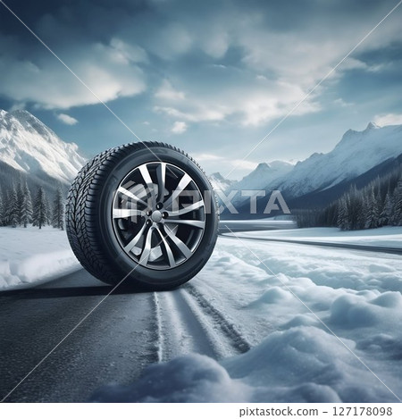 Winter Car Tire Against Snowy Mountain Landscape. Generative ai 127178098