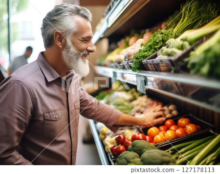 Mature Man Selecting Fresh Produce in Supermarket. Generative ai 127178113