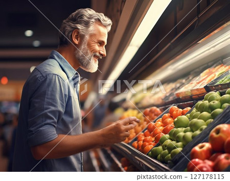 Mature Man Selecting Fresh Produce in Supermarket. Generative ai 127178115
