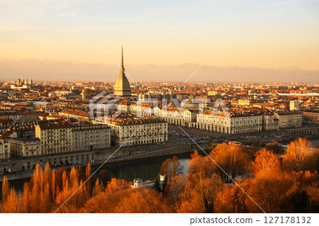 Evening view on the Turin city during sunset Evening view on the Turin city during sunset 127178132