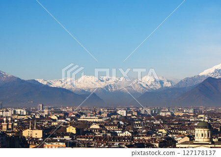 Panoramic view of the city of Turin with snowy Alps Panoramic view of the city of Turin with snowy Alps 127178137