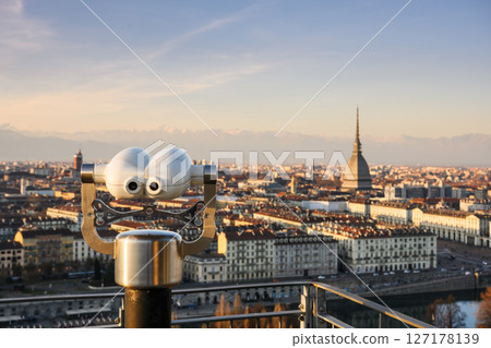 Public binoculars capture panoramic sunset view of Turin Public binoculars capture panoramic sunset view of Turin 127178139