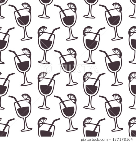 Seamless Cocktail Pattern with Citrus and Straws Summer Drink Background in Outline Style 127178164