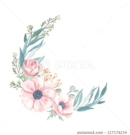 Anemone and Eucalyptus branches wreath. Watercolor Rustic greenery. Hand drawn botanical illustration isolated on white background. For stationery, invitations, save the date, wedding or greeting 127178234