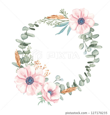 Watercolor Wreath from Anemone and Eucalyptus branches. Rustic greenery. Hand drawn illustration isolated on white background. For stationery, invitations, save the date, wedding or greeting cards. 127178235