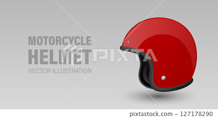 Vector 3D Realistic Red Classic Vintage Open-Face Motorbike Helmet. Glossy Motorcycle Helmet Design Template for Mockup. Side View. Motorcycle Helmet Icon, Closeup, Isolated 127178290