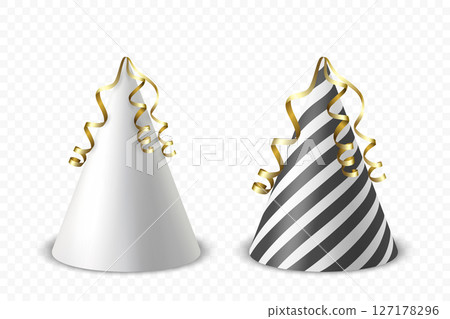 Vector 3d Realistic Birthday Party Hat Icon Set Isolated. Party Cap Design Template for Party Banner, Greeting Card. Holiday Hats, Cone Shape, Front View 127178296