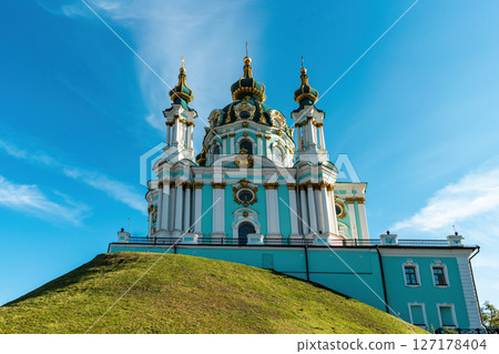 St. Andrews Church in Kyiv, baroque landmark on green hill, Ukraine St. Andrews Church in Kyiv, baroque landmark on green hill, Ukraine 127178404
