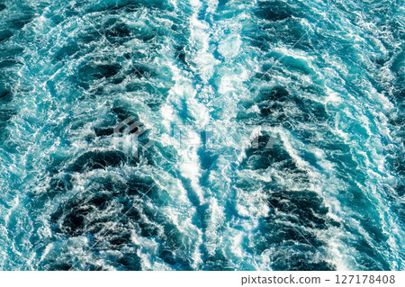Ship wake in turquoise sea, top view Ship wake in turquoise sea, top view 127178408