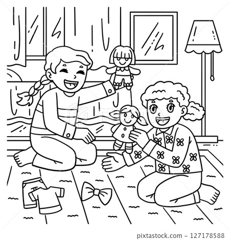 Sleepover Girls Playing with Dolls Coloring Page Sleepover Girls Playing with Dolls Coloring Page 127178588