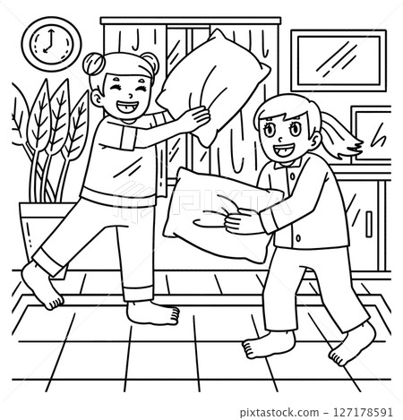 Sleepover Girls Pillow Fighting Coloring Page  127178591