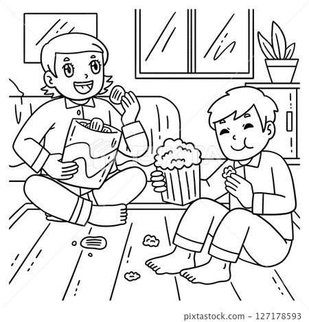 Sleepover Children Eating Snacks Coloring Page  127178593