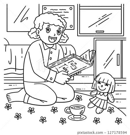 Sleepover Girl Reading Coloring Page for Kids 127178594