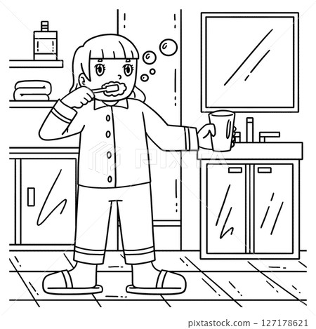 Sleepover Girl Brushing Teeth Coloring for Kids  127178621