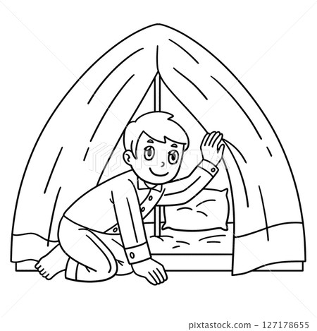 Sleepover Boy and a Blanket Tent Isolated Coloring 127178655
