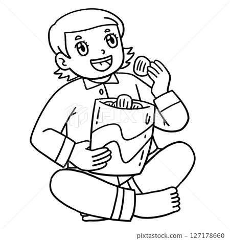 Sleepover Boy Eating Snacks Isolated Coloring  127178660